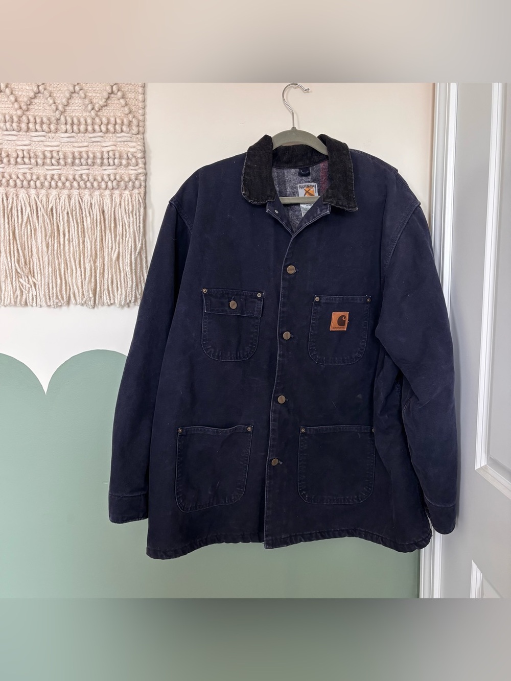 Vintage Carhartt Dark Navy Canvas Work Jacket with Corduroy Collar C02
